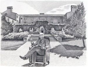 Baker Hall, University of Colorado, 1996, pen-and-ink drawing by Jonathan Machen