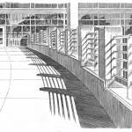Back Door of Los Alamos High School, pen-and-ink drawing by Jonathan Machen, 2013