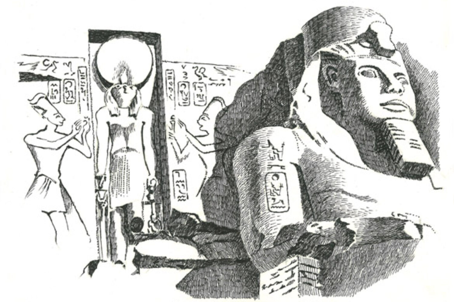 pen-and-ink drawing by Jonathan Machen, Abu Simbel, Egypt, 1988
