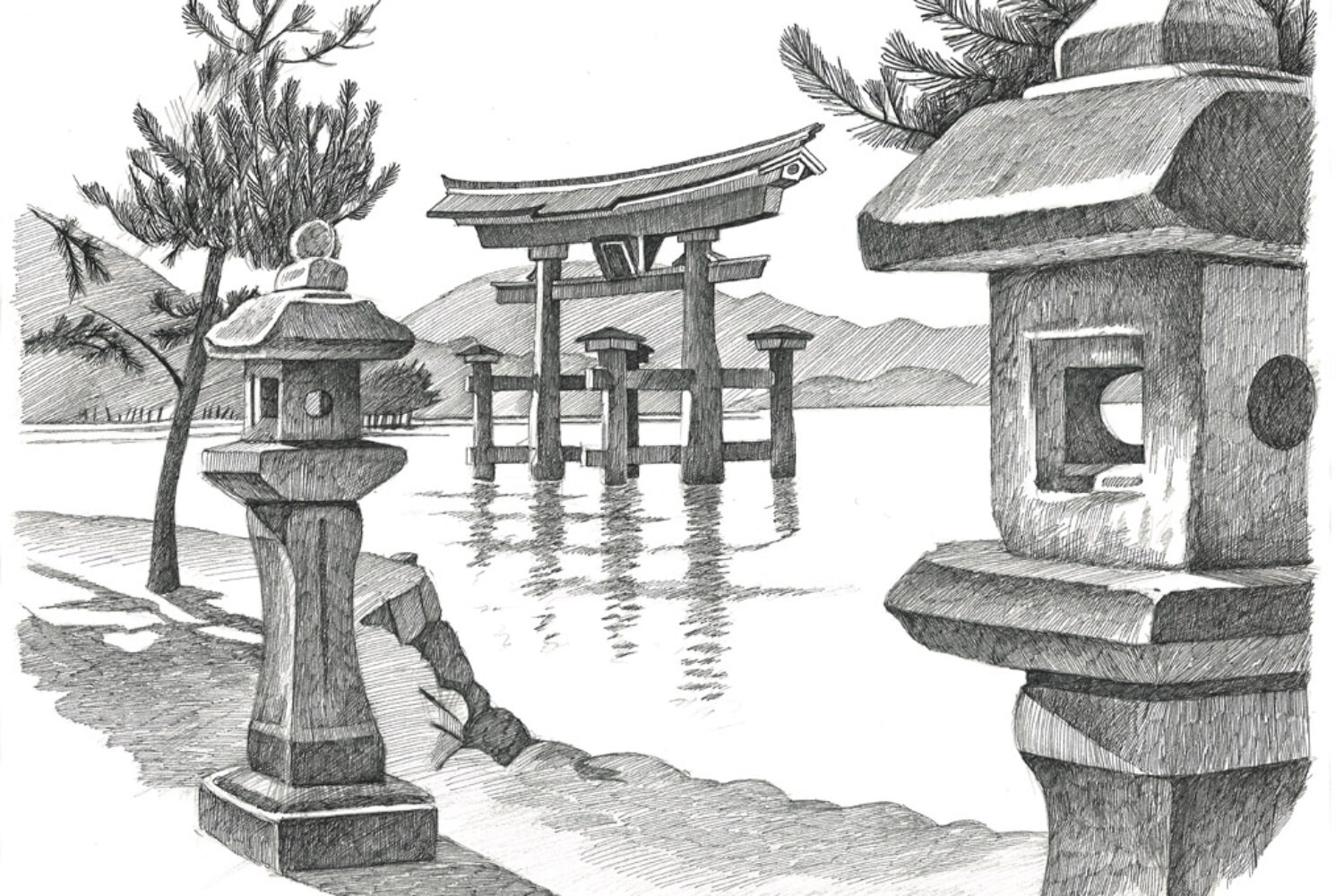 Otorii Gate, Miyajama Island, Japan, 1998; pen-and-ink drawing by Jonathan Machen