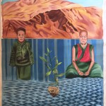Dalai Lama at two stages of life with an alligator, rock and plant, 1992