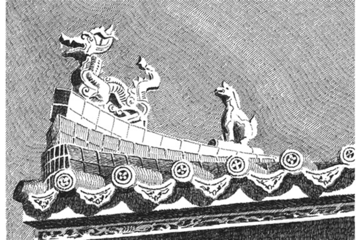 Pen-and-ink drawing by Jonathan Machen, Dragon Temple, Malaysia, 1988