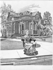 pen-and-ink drawing by Jonathan Machen: Antionette Bigelow and the Women's Cottage, University of Colorado, 1993