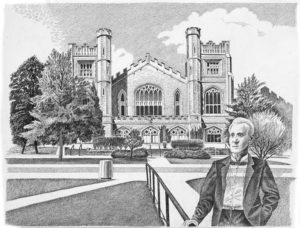 pen-and-ink drawing by Jonathan Machen: Alexander Macky and Macky Auditorium, University of Colorado, 1993
