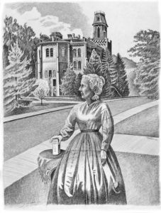 pen-and-ink drawing by Jonathan Machen: Mary Ripon and Old Main, University of Colorado, 1993