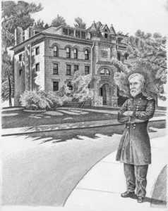 pen-and-ink drawing by Jonathan Machen: Roger Woodbury and Woodbury Hall, University of Colorado, 1996