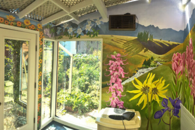 Gene Langlois Mural, West wall over back door and windows