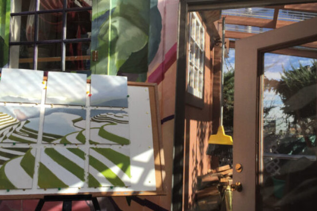 East wall of Gene Langlois mural with window inserts before installation