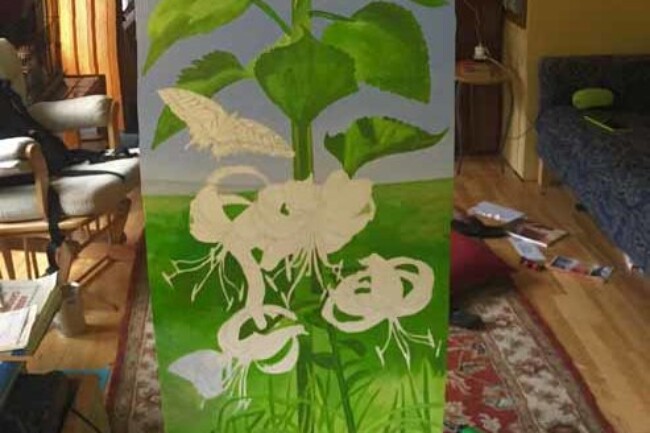 mural in progress with palette 