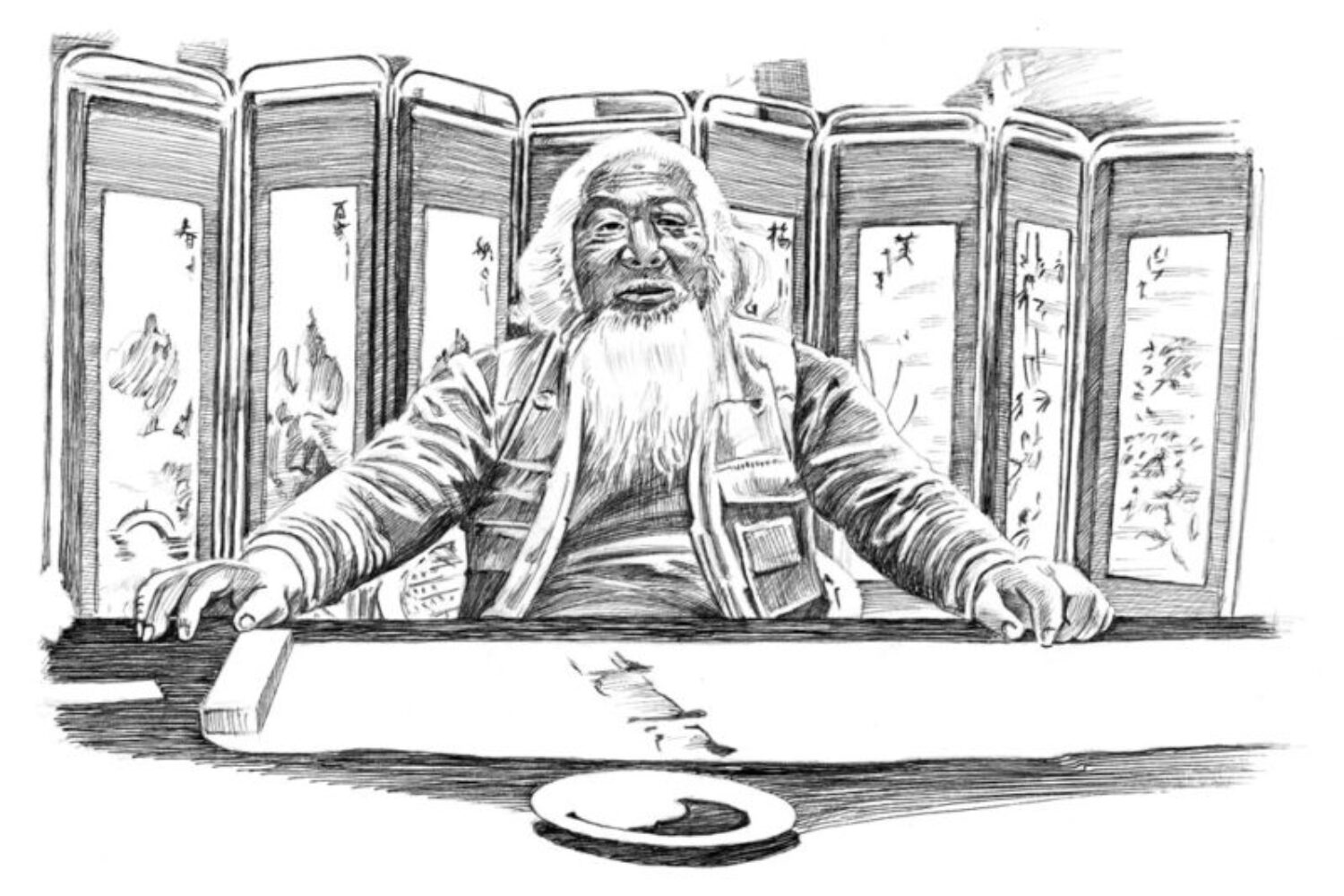 pen-and-ink drawing of an artist in Dali, China, by Jonathan Machen