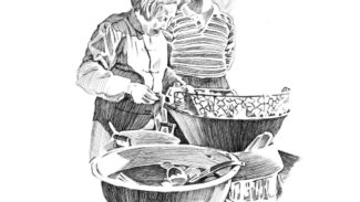 Mother and son cooking, China, 2003, pen-and-ink