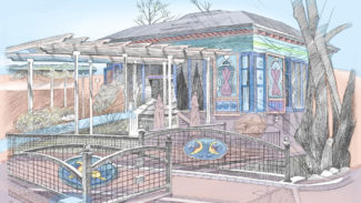 Boulder Dushanbe Teahouse, Pen-and-ink and photoshop color