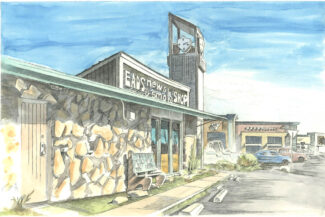 Eads Smoke shop, Boulder, 2013, pen-and-ink and watercolor