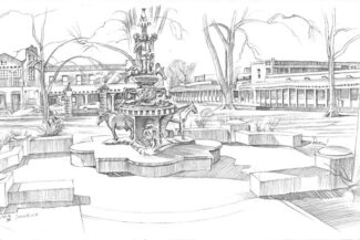 Santa Fe Plaza, pencil and pen-and-ink, March 2018