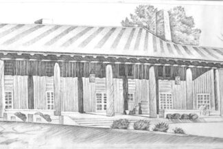 Fuller Lodge, Los Alamos, 2022 pen-and-ink on paper, 48”X16.25”