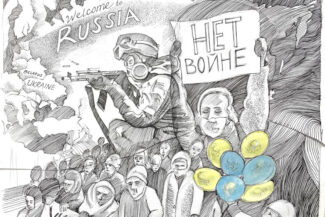 Russia invades Ukraine, pen-and-ink drawing by Jonathan Machen