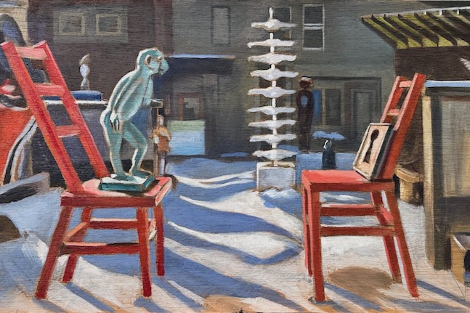 painting of Eldorado Springs Art Center, lower courtyard, 31"X16", oil 2023