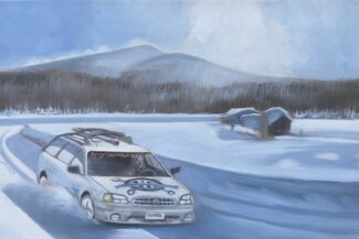 Amy Dombroski driving a Subaru, commission, oil painting by Jonathan Machen, 2023, 