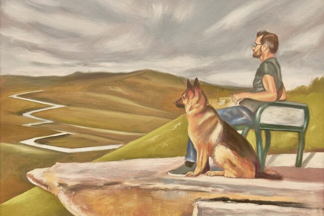 Adventure buddies, painting of a man sitting on a bench next to his dog, by Jonathan Machen