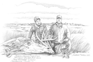 Deer Hunters, pen-and-ink, 2023, 18"X20" by Jonathan Machen