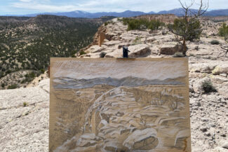 Plein-air drawing on wood, East of Rendija Canyon, NM, April 27, 2023