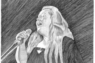 Paris Tomich, lead singer of the House Blend Band, pen-and-ink, 2024