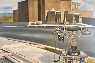 Mountain Bell Building, Los Alamos, oil on panel, 23"X16.25", 2024