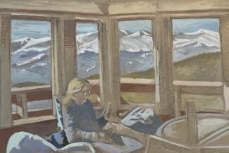 Interior of Mestaa'ehehe hut, November 2024, Gouache