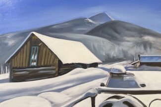Columbine Cabin General Store, 2024, oil on panel, used for SuperRupair Thanksgiving card