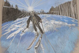 Stephen Shankland skiing Pajarito Mountain, chalk pastel and pen-and-ink on toned paper, 2026