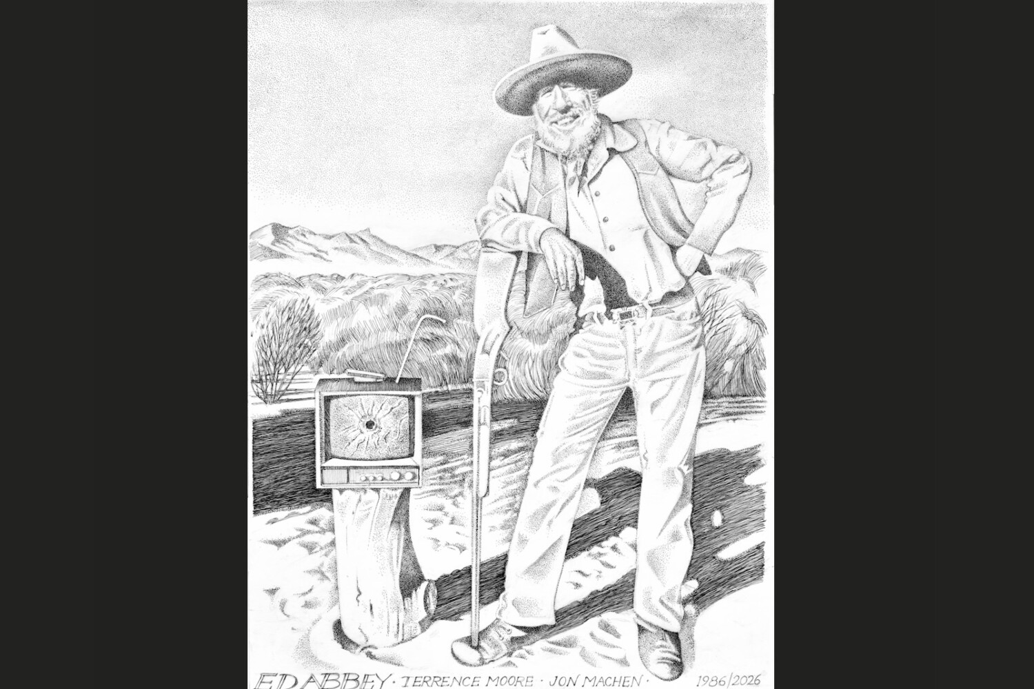 A drawing of Ed abbey by Jonathan Machen, 2026, used for the lead in to my article about him