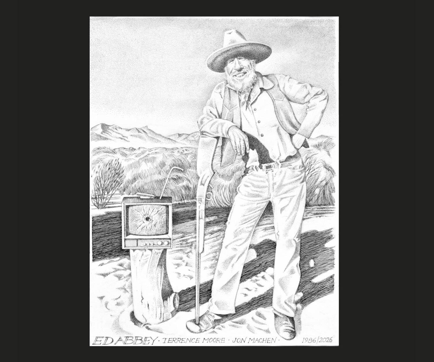 A drawing of Ed abbey by Jonathan Machen, 2026, used for the lead in to my article about him
